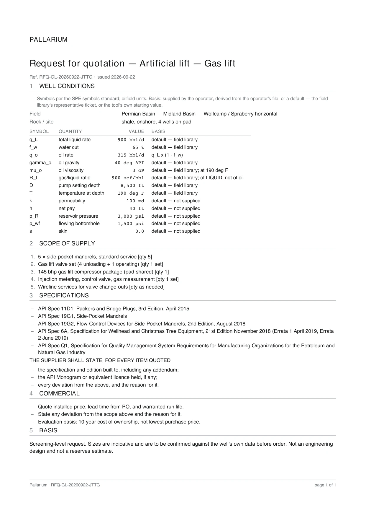 First page of a request for quotation