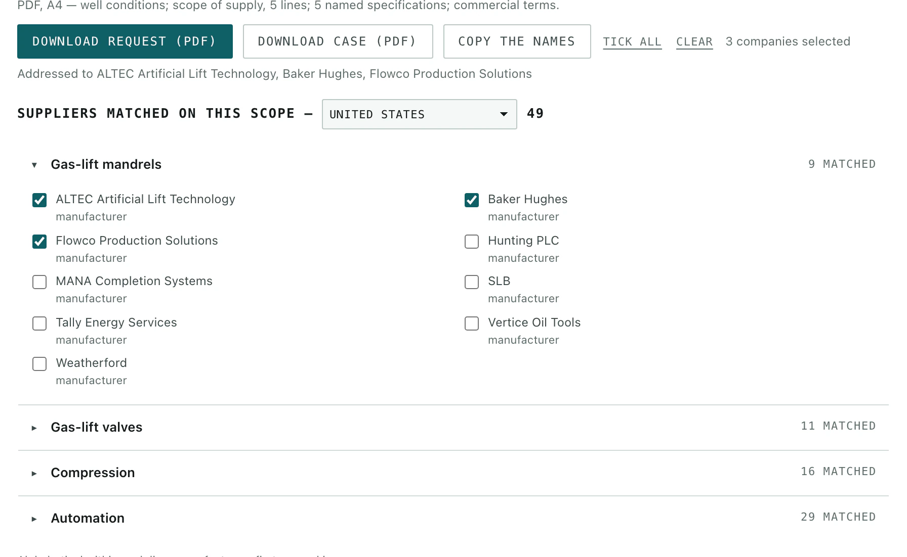 Suppliers matched to the bill of materials